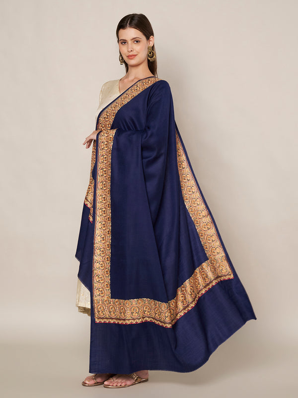 Solid Blue Woolen Women Shawl with Rich Embroidered Border – 80 x 40 Inches