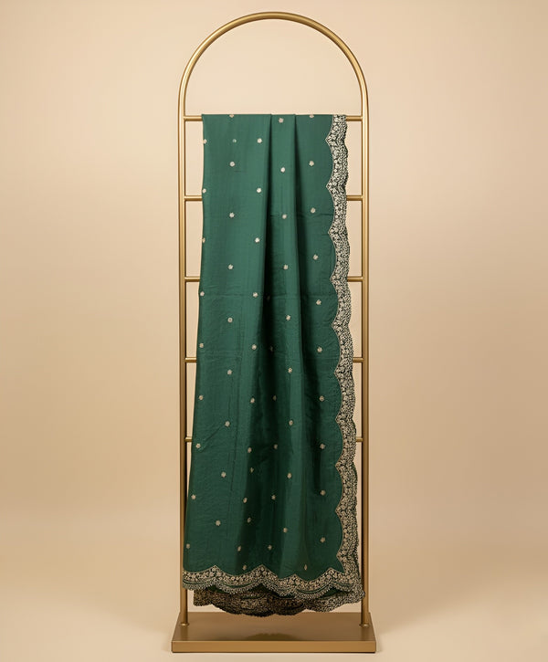 Bottle Green Chinon Dupatta with Scalloped Embroidered Border & Sequin Motifs (Size: 2.5x1 m Approx)