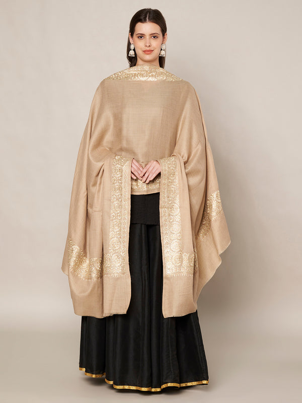 Beige Woolen Women Shawl with Gold Border – 80x40 Inches