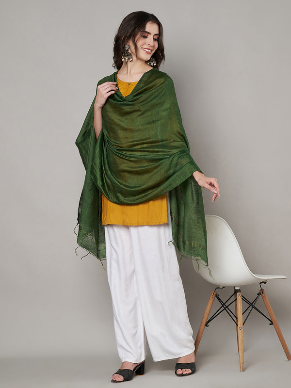 Bottle Green Solid Cotton Dupatta with Subtle Texture & Tassel Ends (Size: 2.5x1 m Approx)