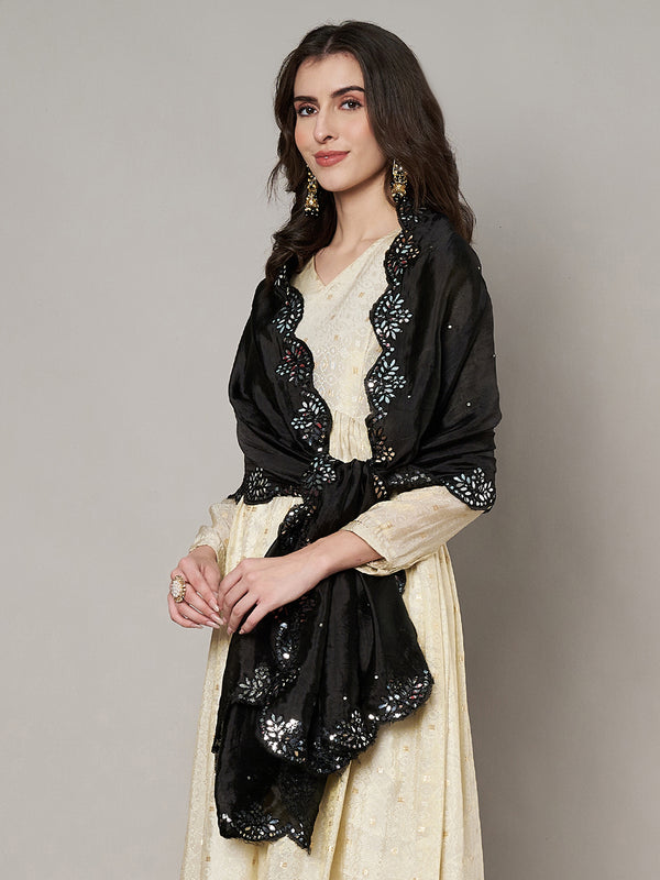 Black Silk Dupatta with Scalloped Cutwork Border & Sequin Highlights (Size: 2.5x1 m Approx)