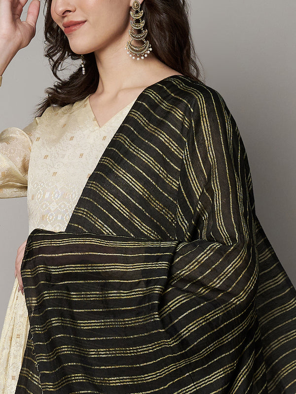 Black & Olive Cotton Dupatta with Subtle Striped Weave and Woven Border (Size: 2.5x1 m Approx)