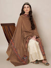 Woolen Women Shawl in Brown with Multicolour Kashmiri-Inspired Embroidered Border (80 x 40 Inches)