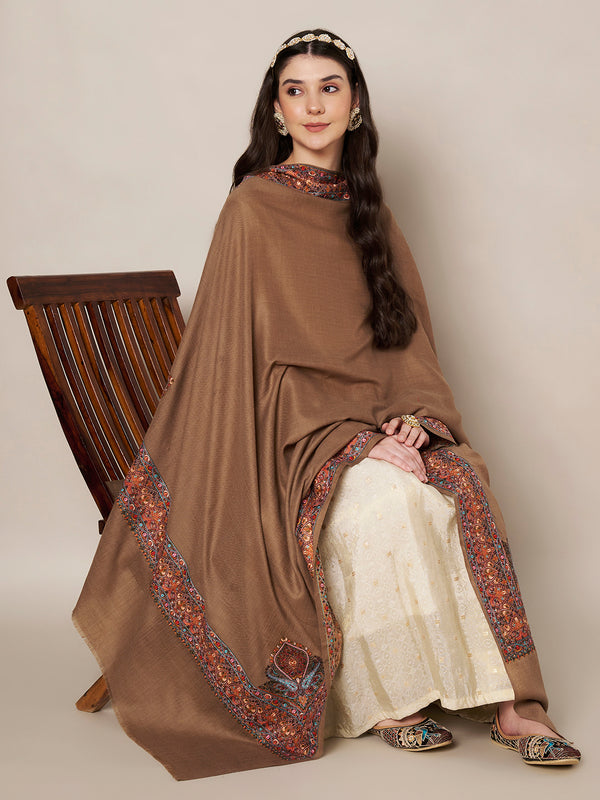 Woolen Women Shawl in Brown with Multicolour Kashmiri-Inspired Embroidered Border (80 x 40 Inches)