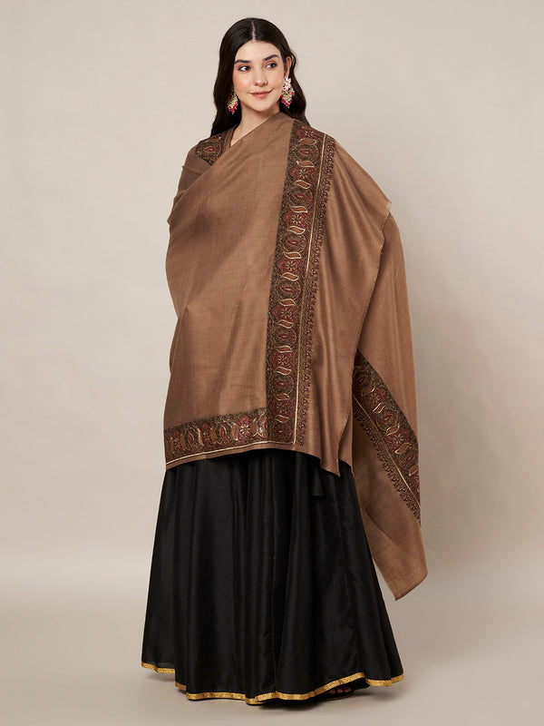 Woolen Women Shawl in Warm Mocha Brown with Intricate Traditional Embroidered Border (80 x 40 Inches)