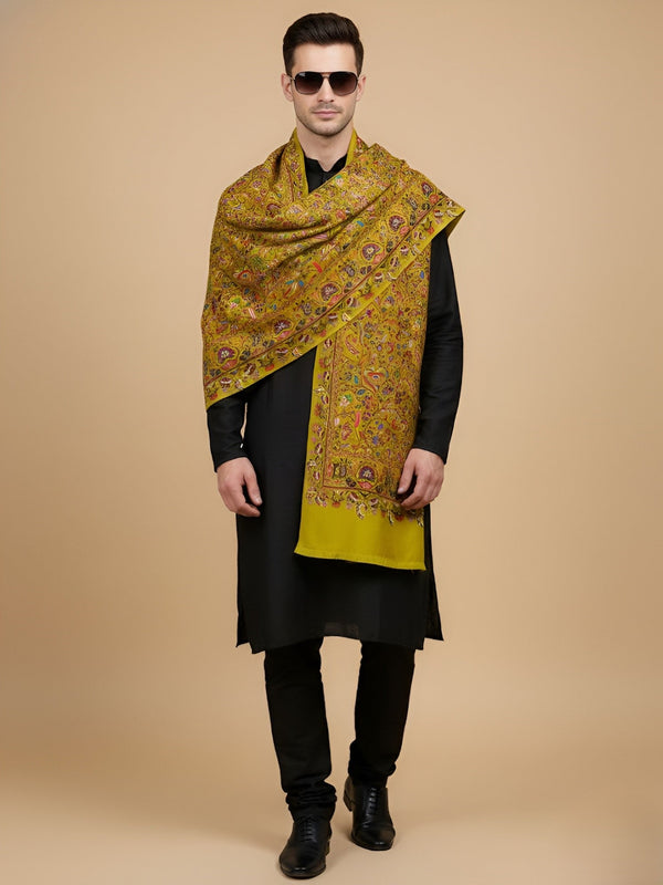 Bamboo Silk Mustard Kashmiri Mens Stole with Classic Paisley Weave | Elegant Ethnic Accessory | 80×28 Inches