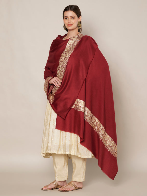 Maroon Woolen Women Shawl with Gold Border – 80x40 Inches