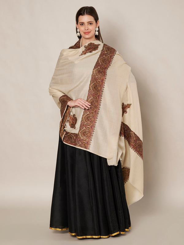 Elegant Beige Woolen Women Shawl with Embroidered Border – Ethnic Wrap (80 x 40 Inches)