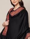 Woolen Women Shawl in Black with Multicolour Kashmiri-Inspired Embroidered Border (80 x 40 Inches)