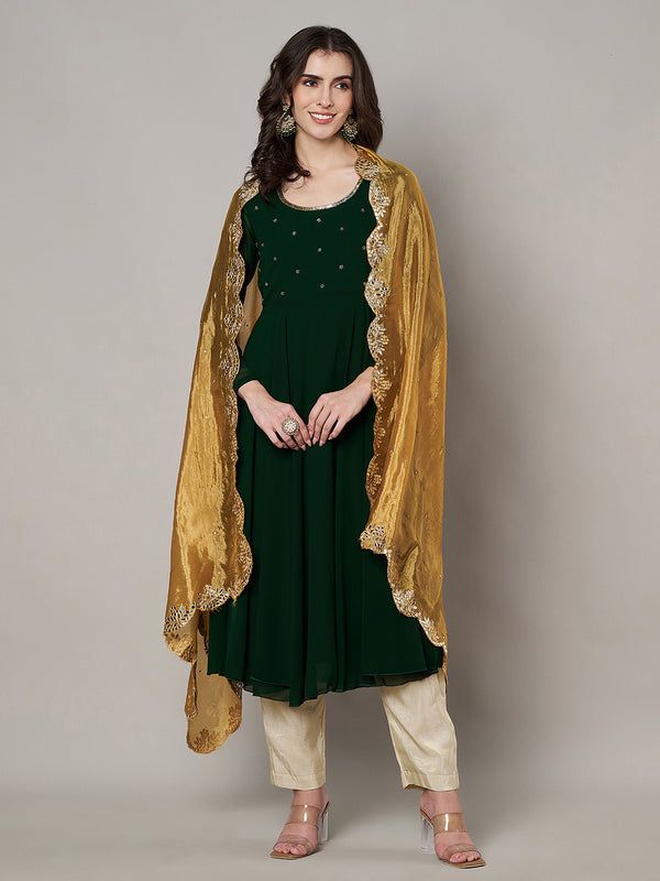 Gold Silk Dupatta with Scalloped Cutwork Border & Sequin Highlights (Size: 2.5x1 m Approx)