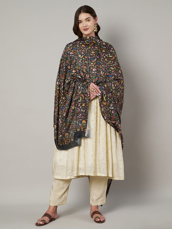 Printed Bamboo Silk Women Shawl – Black Floral Statement Wrap (80 x 40 Inches)