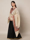Woolen Women Shawl in Beige with Multicolour Kashmiri-Inspired Embroidered Border (80 x 40 Inches)