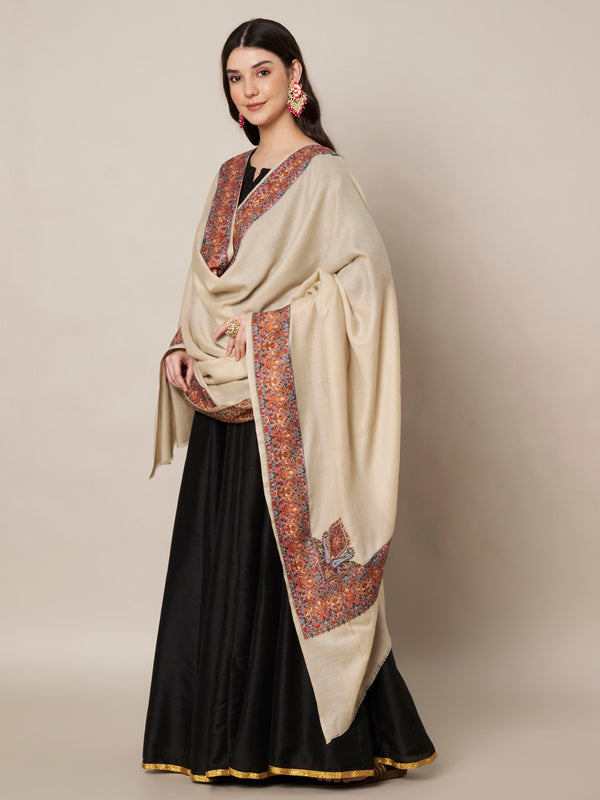 Woolen Women Shawl in Beige with Multicolour Kashmiri-Inspired Embroidered Border (80 x 40 Inches)