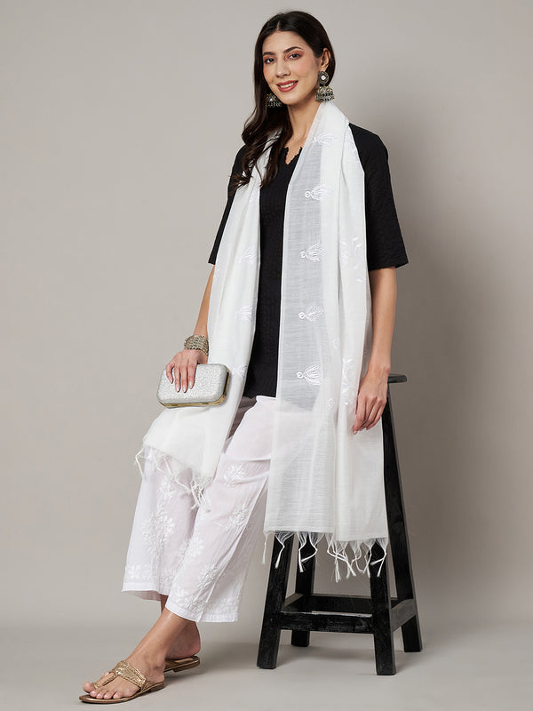 White Chanderi Cotton Dupatta with Subtle Floral Embroidery (Size: 2.5x1 m Approx)