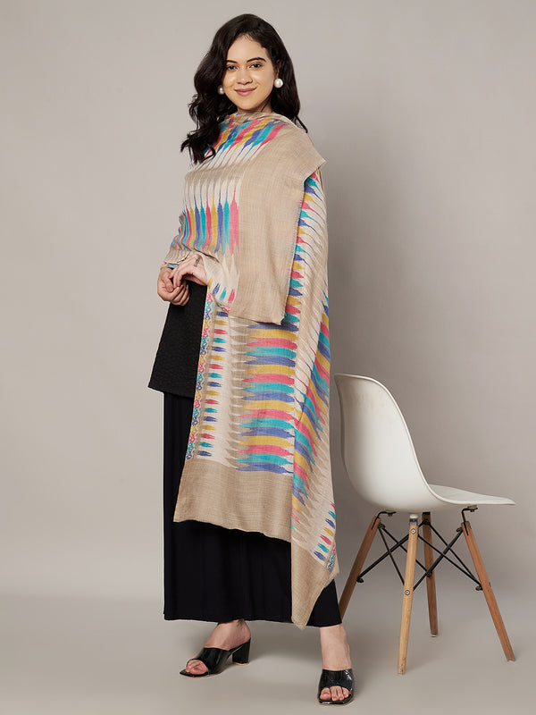 Woolen Women Stole with Ikat-Inspired Woven Motifs | Elegant Ethnic Wrap (80 × 28 Inches)