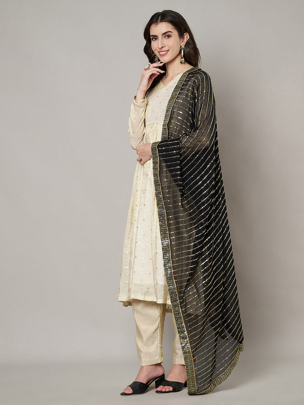 Black Chinon Dupatta with Gold Stripe Sequin Work & Gota Border (Size: 2.5x1 m Approx)