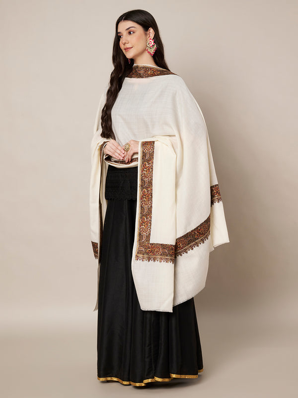 Woolen Women Shawl in White with Embroidered Traditional Border (80 x 40 Inches)