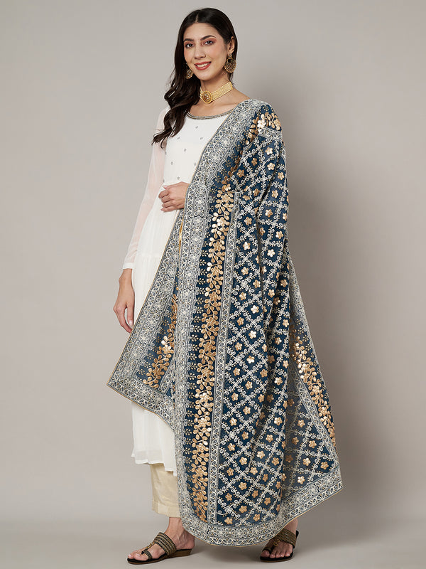 Bottle Green Georgette Dupatta with Gold Foil Booti & Lace Border (Size: 2.5x1 m Approx)