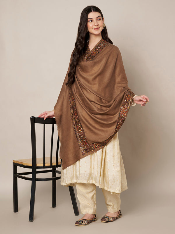 Woolen Women Shawl in Brown with Embroidered Traditional Border (80 x 40 Inches)