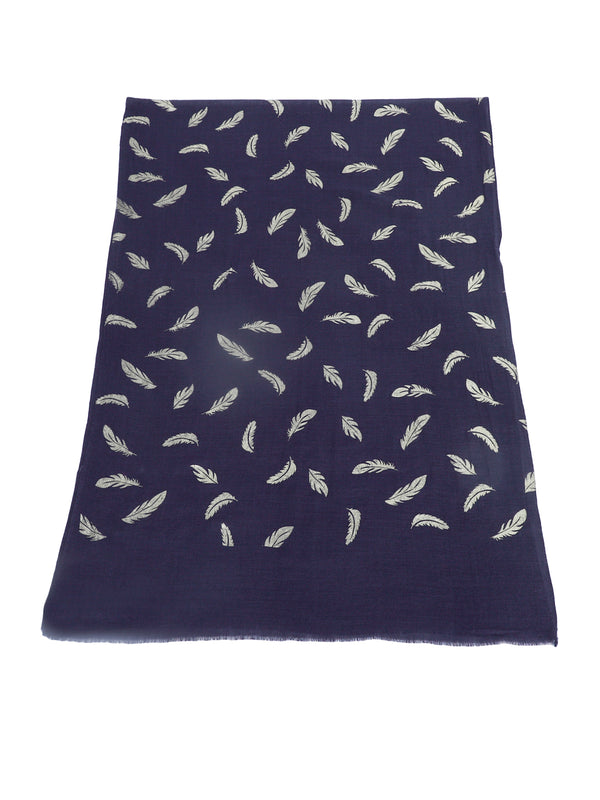 Micro Wool Navy Blue Feather Motif Women Stole | Soft Wrap with Subtle Woven Accents (80 × 28 Inches)
