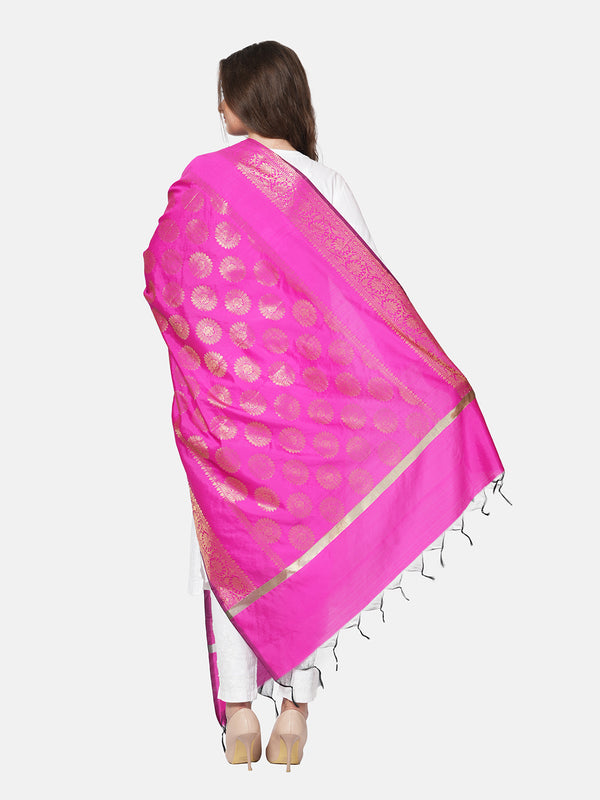 Pink Banarasi Silk Dupatta with Woven Butti Motifs & Zari Border (Size: 2.5x1 m Approx)