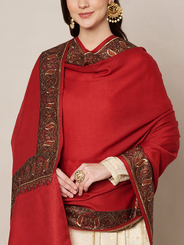 Woolen Women Shawl in Warm Red with Intricate Traditional Embroidered Border (80 x 40 Inches)