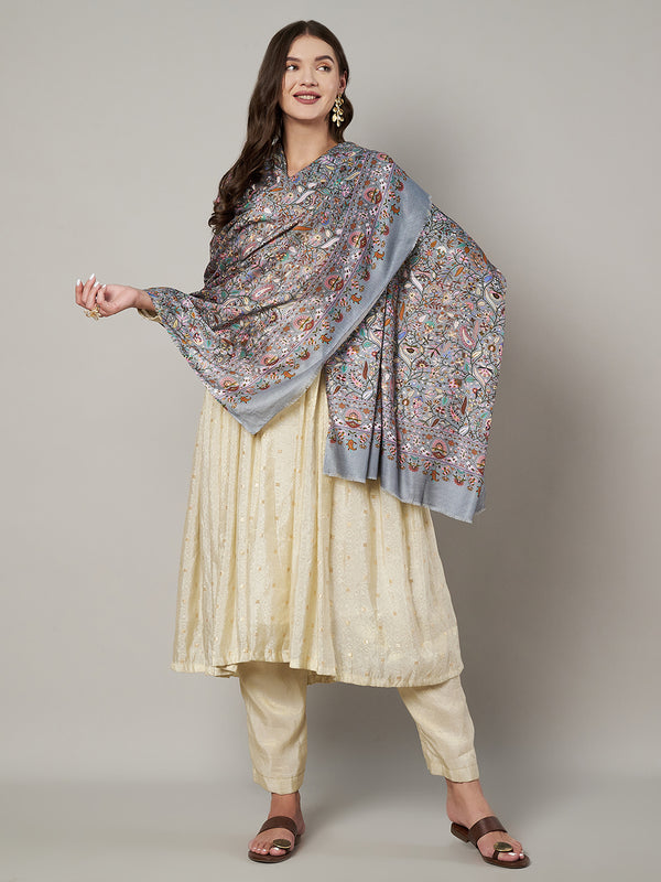 Bamboo Silk Grey Kashmiri Women Stole with Traditional Paisley Jaal | Soft & Elegant | 80×28 Inches