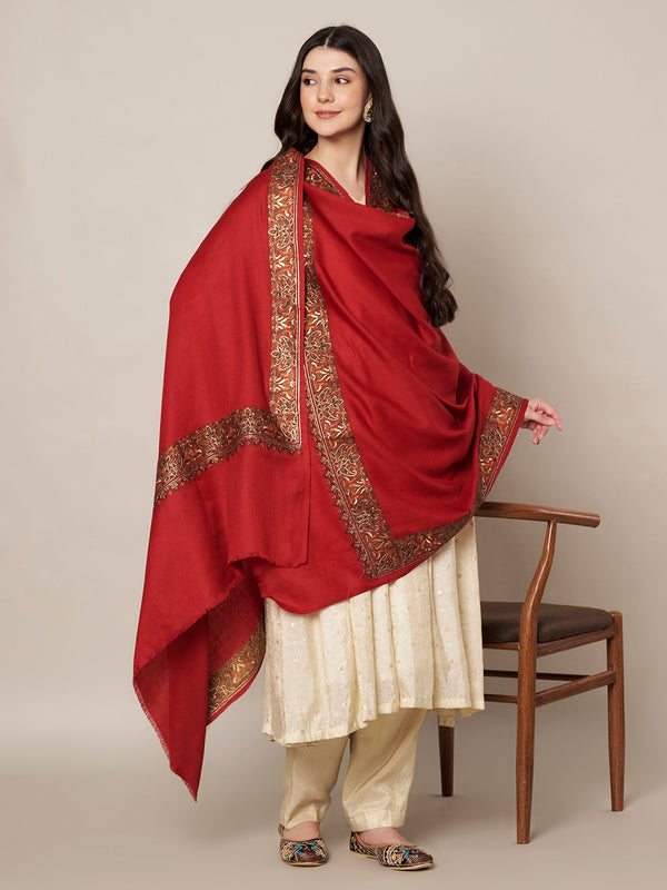 Red Woolen Women Shawl with Traditional Multicolour Embroidered Border (80 x 40 Inches)