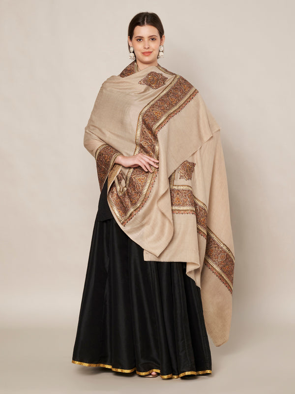 Light Brown Woolen Women Shawl with Intricate Embroidered Detailing – Winter Wrap (80 x 40 Inches)