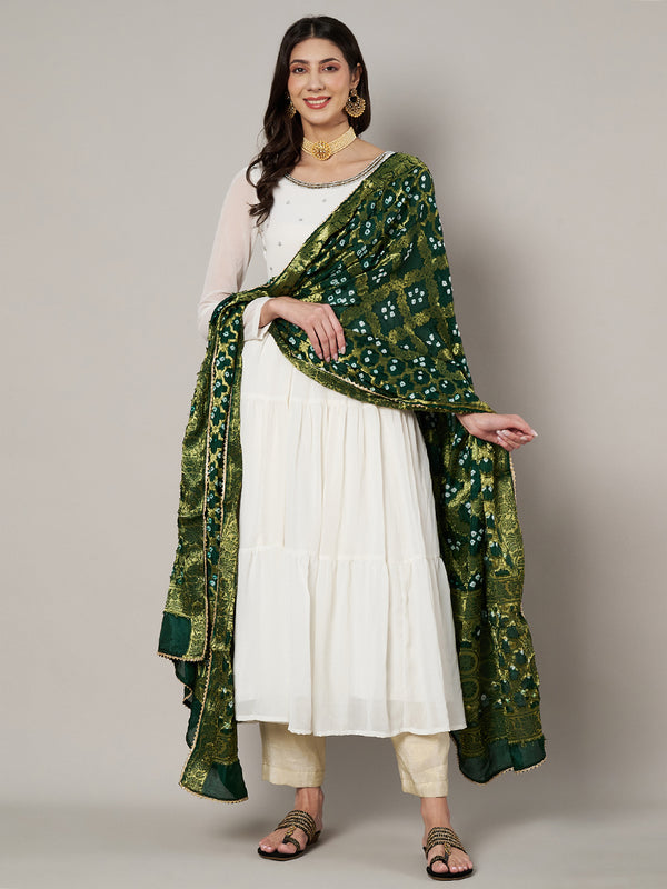 Green Silk Gharchola Bandhej Dupatta with Gold Zari Border (Size: 2.5x1 m Approx)