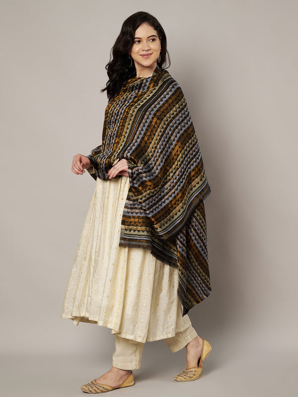 Woolen Zig-Zag Moonlight Zari Women Stole | Traditional Winter Wrap (80 x 28 Inches)