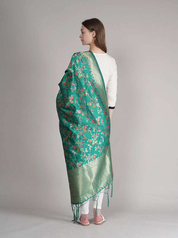 Emerald Green Paithani Silk Dupatta with Multicolour Floral Zari Weave (Size: 2.5x1 m Approx)