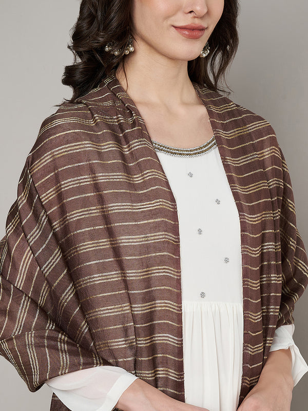 Brown & Olive Cotton Dupatta with Subtle Striped Weave and Woven Border (Size: 2.5x1 m Approx)
