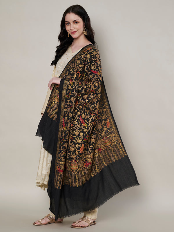 Woolen Women Shawl with Traditional Bird & Floral Jaal Motifs and Ornate Woven Border (80 x 40 Inches)
