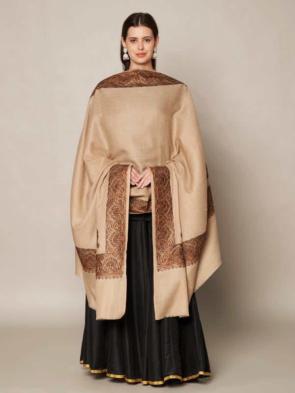 Elegant Light Brown Woolen Women Shawl with Embroidered Border – Ethnic Wrap (80 x 40 Inches)