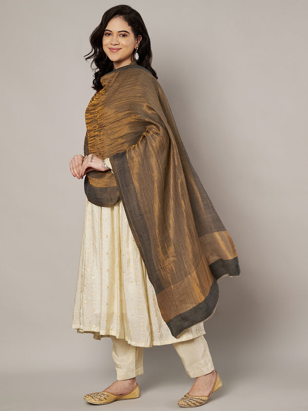 Reversible Wool Brown Women Stole with Moonlight Zari Border | Elegant Winter Wrap | 80 × 28 Inches
