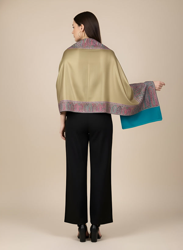 Bamboo Silk Gold Women Shawl with Intricate Paisley Border | Elegant Heritage Wrap (80 × 40 Inches)