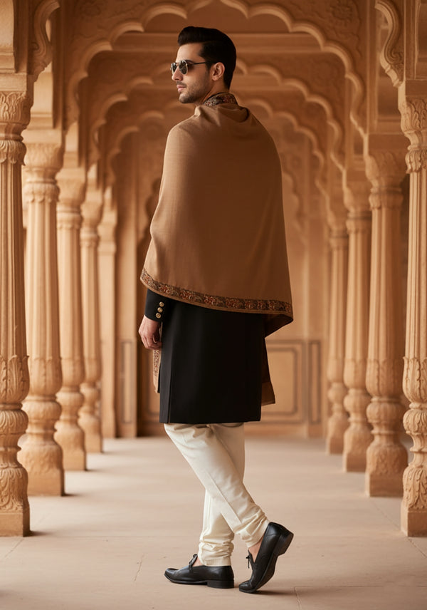 Classic Woolen Mens Shawl with Embroidered Border in Rich Brown (80 x 40 Inches)