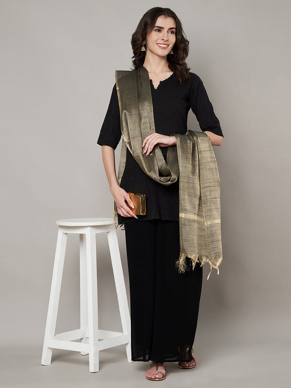 Elegant Black Tissue Silk Dupatta with Subtle Texture & Tassels (Size: 2.5x1 m Approx)
