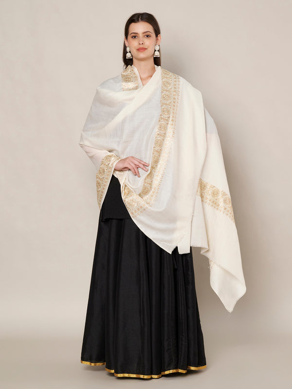 White Woolen Women Shawl with Gold Border – 80x40 Inches