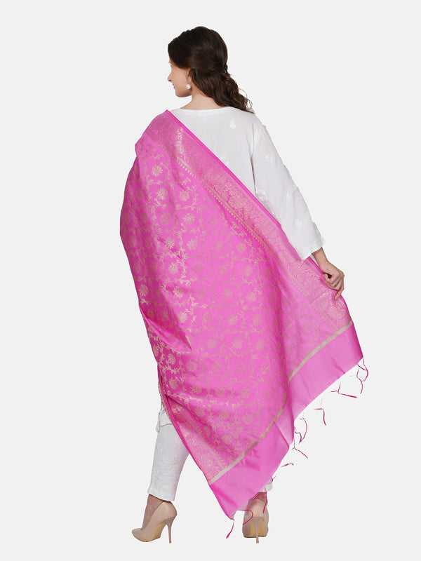 Pink Banarasi Silk Dupatta with All-Over Woven Floral Motifs & Rich Zari Border (Size: 2.5x1 m Approx)