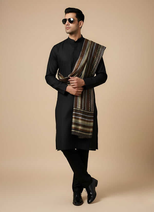 Woolen Zig-Zag Moonlight Zari Mens Stole | Heritage Wrap (80 x 28 Inches)