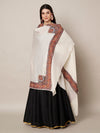 Woolen Women Shawl in Ivory with Multicolour Kashmiri-Inspired Embroidered Border (80 x 40 Inches)