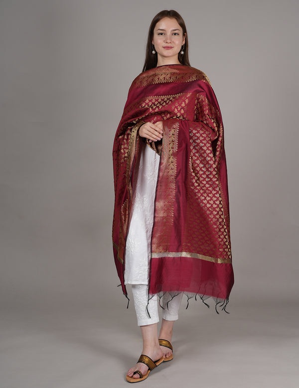 Maroon Banarasi Silk Dupatta with Gold Zari Buti & Ornate Border (Size: 2.5x1 m Approx)