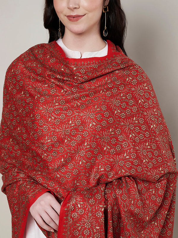 Woolen Women Shawl in Red with All-Over Floral Jaal Weave (80 x 40 Inches)