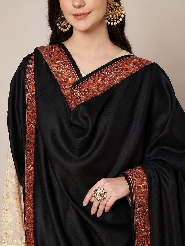 Black Woolen Women Shawl with Traditional Multicolour Embroidered Border (80 x 40 Inches)
