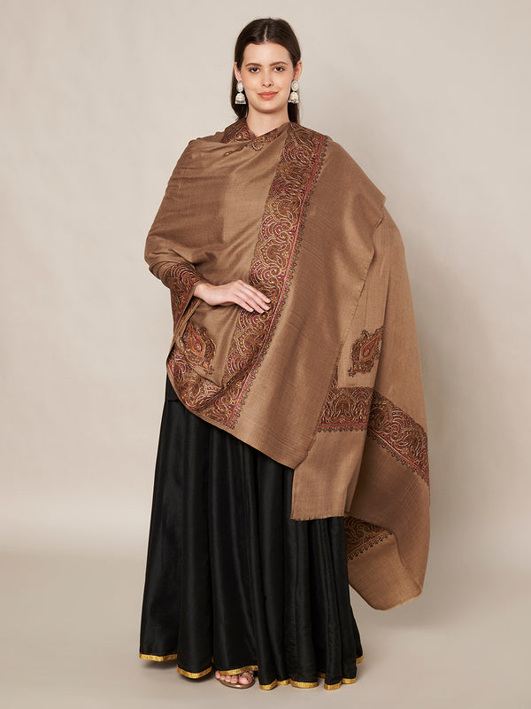 Elegant Brown Woolen Women Shawl with Embroidered Border – Ethnic Wrap (80 x 40 Inches)