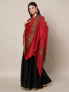 Woolen Women Shawl in Deep Maroon with Embroidered Traditional Border (80 x 40 Inches)