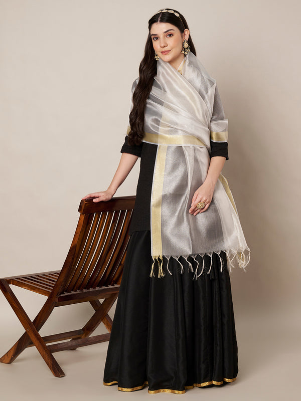 Silver Cotton Silk Dupatta with Subtle Woven Texture (Size: 2.5x1 m Approx)