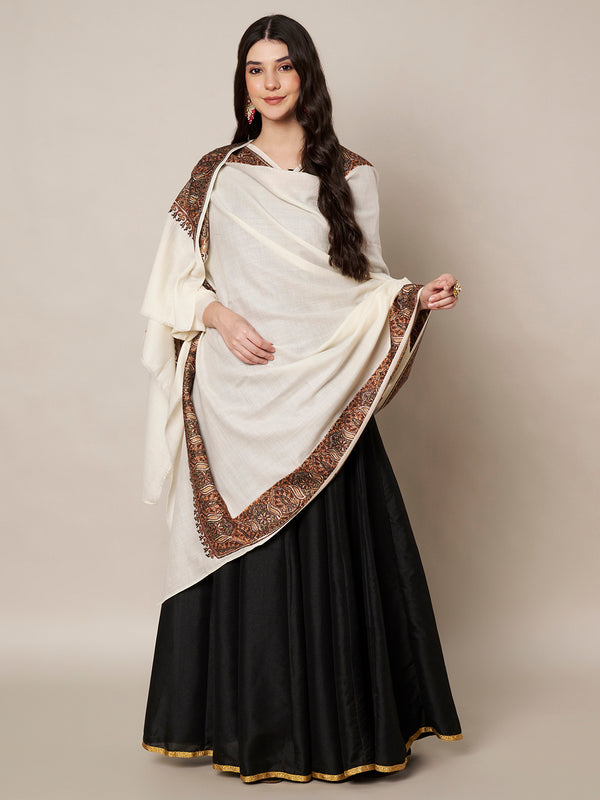 Woolen Women Shawl in Warm White with Intricate Traditional Embroidered Border (80 x 40 Inches)